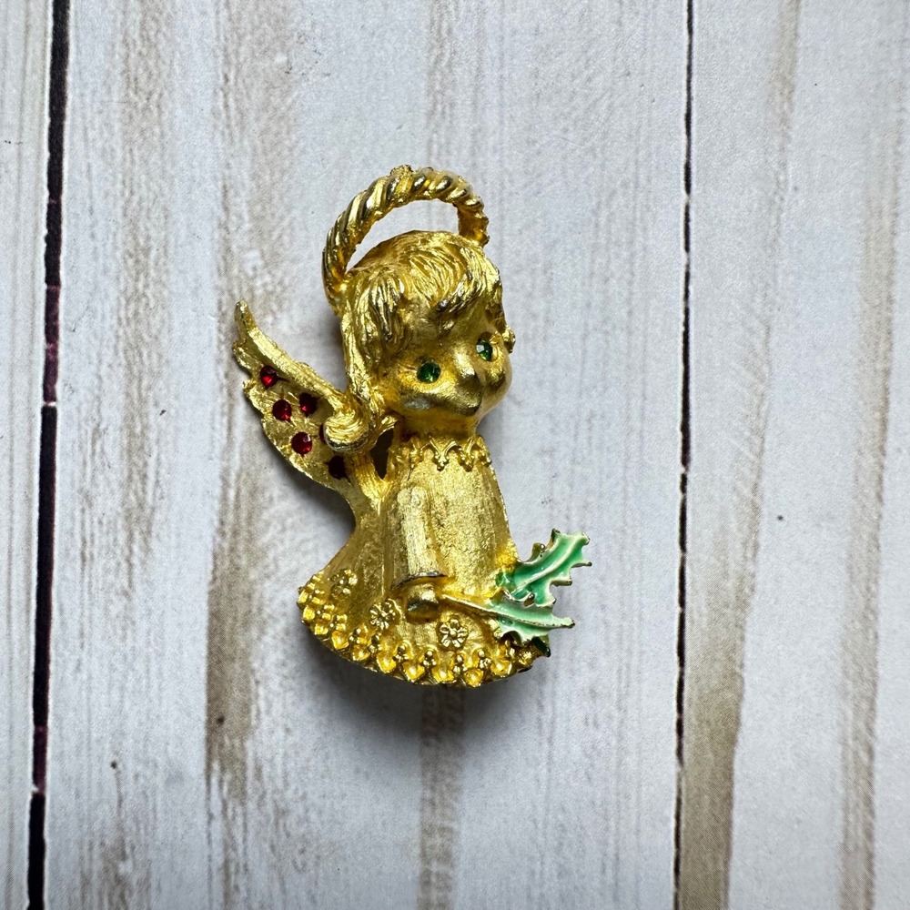 Vintage MYLU Christmas Angel Brooch Gold Tone Holly Rhinestone Holiday Pin